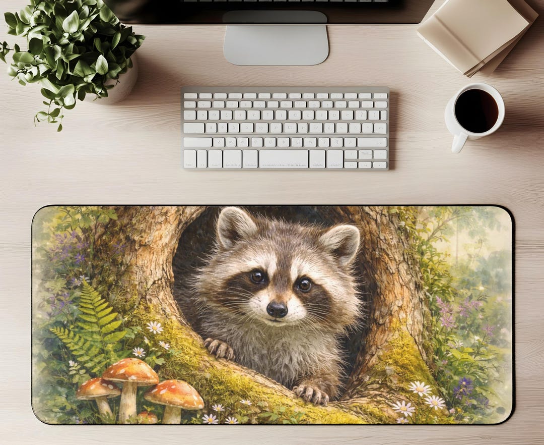 Cute Raccoon Desk Mat Woodland Animal Mouse Pad Cottagecore Forest ...