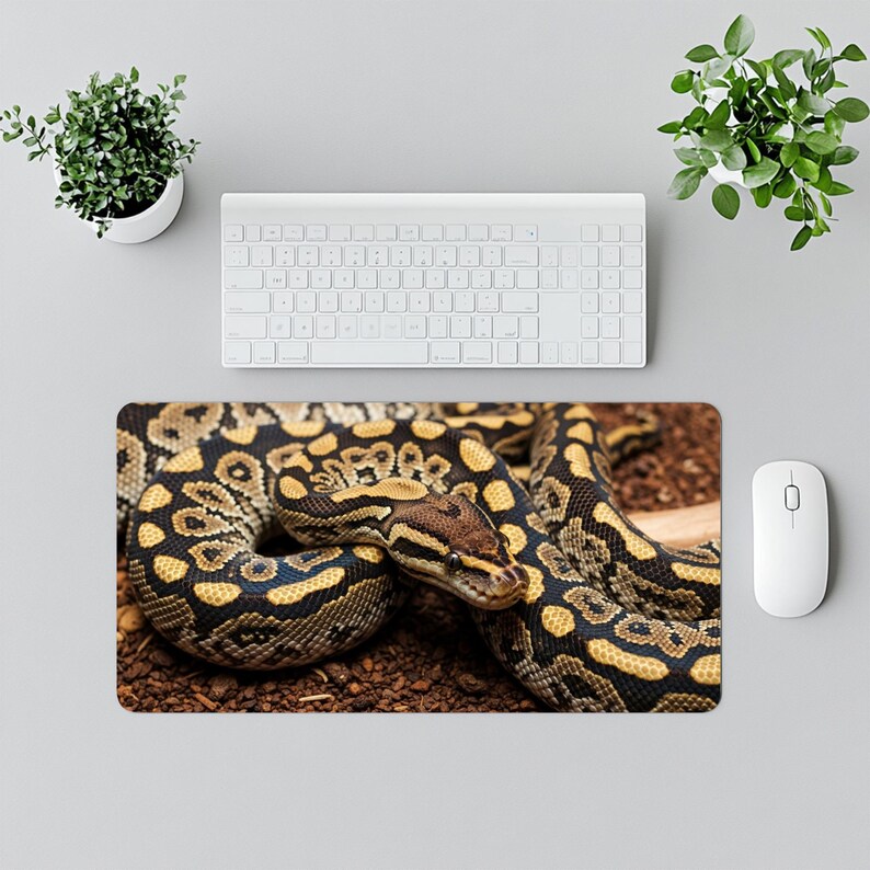 Snake Desk Mat featuring a highly detailed and realistic python with striking scales in golden and brown patterns. The smooth premium surface ensures precise mouse tracking, while the durable non-slip rubber backing provides stability for gaming or office use. Perfect for reptile enthusiasts, exotic animal lovers, gamers, and students who want a bold wildlife accessory on their desk. A unique gift idea for snake fans, reptile keepers, and those who enjoy nature-inspired decor.