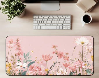 Rosa Blumen Schreibtisch Maus Pad XXL Gaming Matte Cottagecore Geschenk für Sie Chic Pastellfarbenes Home Office Schreibtisch Accessoire