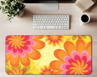 Retro Flower Power Desk Mat 70s Orange Pink Yellow Print Mouse Pad Groovy Hippie Office Desk Vintage Floral Gaming Mat Colorful Boho Décor