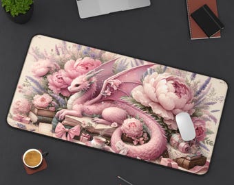 Pink Dragon Desk Mat Cottagecore Fantasy Mouse Pad Flowers Books Tea Butterflies Cute Kawaii Desk Decor Dragon Lovers Aesthetic Desk Decor