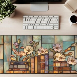 Stained Glass Books Desk Mat Floral Bookish Mouse Pad Vintage Library Gaming Mat Botanical Book Lover Aesthetic Office Decor Desk