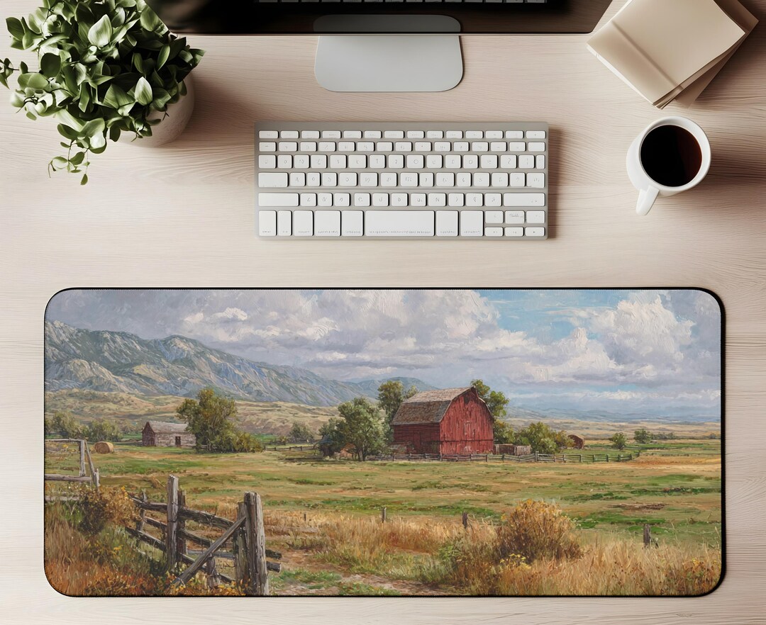 Western Barn Landscape Desk Mat Rustic Farm Mouse Pad Prairie Country ...