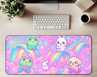Kawaii Pastel Desk Mat, Cute Chibi Gaming Mouse Pad, Animal Clouds Office Decor, Adorable Desk Accessories for Kids, Gifts for Students