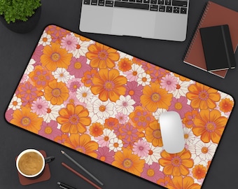 Retro flower desk mat orange pink daisy pattern mouse pad groovy 70s floral aesthetic gift for her vintage office decor hippie gaming mat pc