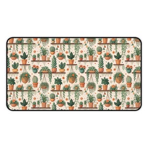 May include: Rectangular desk mat featuring a repeating pattern of potted plants, including cacti and hanging plants, on wooden shelves. The plants are in terracotta pots, with a cream-colored background and black border.
