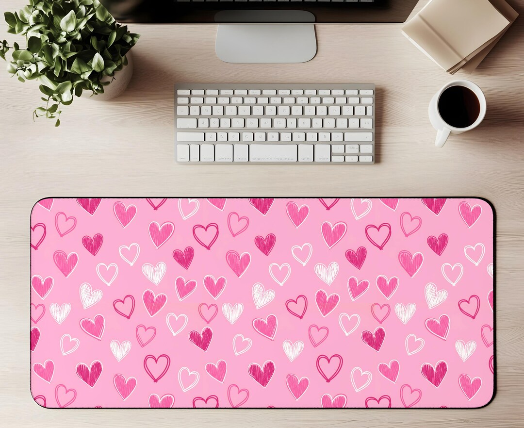 Pink Love Computer Mat Pink Heart Desk Mat | Cute Valentine Heart Pattern Mousepad Girly Desk ...