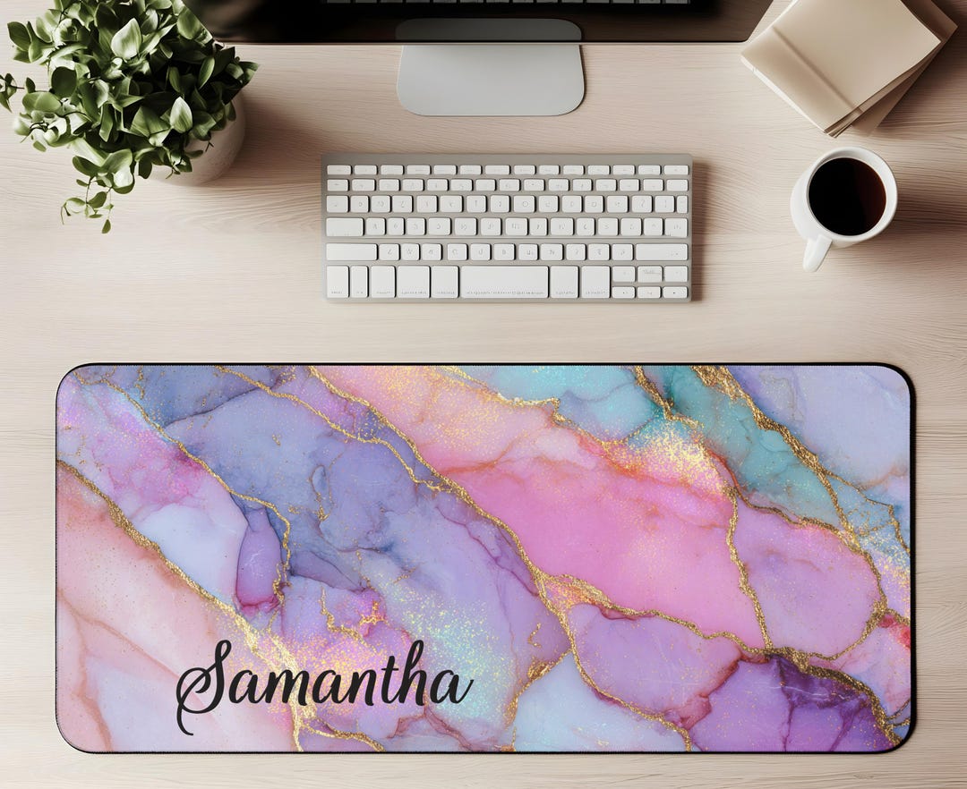 Personalized Name Pink Marble Desk Mat Custom Name Colorful Mouse Pad ...
