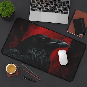 Raven Desk Mat Red Gothic Crow Mouse Pad Dark Raven Gaming Accessory Large Desk Pad Witchy Decor Oversized Mouse Mat Gift for Him Office PC