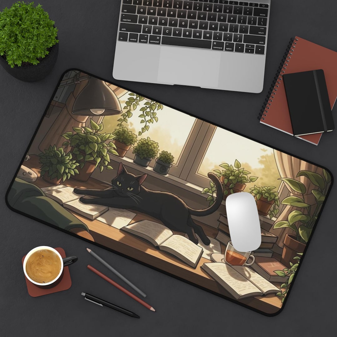 Lofi Black Cat Gaming Mat Cozy Cottagecore Desk Mat Aesthetic Workspace ...