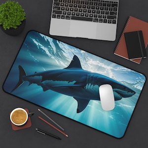 Great White Shark Desk Mat Underwater Ocean Scene Mouse Pad Marine Life Decor Gaming Mat Deep Sea Shark Art Large Extended Desk Mat Keyboard