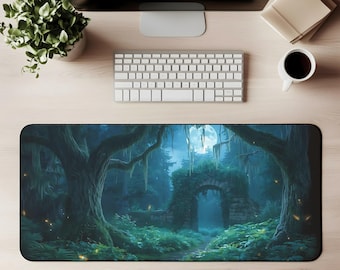 Moonlit Forest Desk Mat Magical Fantasy Mouse Pad Enchanted Archway Teal Night Woods Mystical Landscape Glowing Fireflies Fantasy Nature Mat