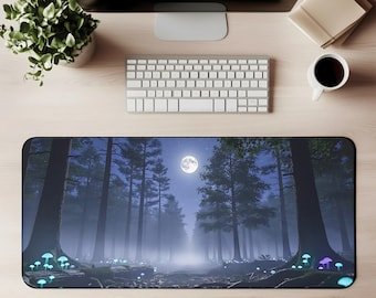 Tapete de mesa Floresta Encantada, Tapete de rato mágico e místico com cogumelos brilhantes e paisagem noturna
