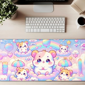 May include: A colorful mousepad featuring a cute cartoon hamster design. The design includes pastel clouds, rainbows, balloons, and stars. The mousepad is rectangular and rests on a light-colored wooden desk, with a keyboard and other office supplies.