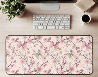 Alfombrilla de escritorio con lazo floral rosa, alfombrilla de ratón con flor de cerezo, alfombrilla para juegos Sakura, decoración de oficina con flores vintage, estilo kawaii cottagecore, regalo para el espacio de trabajo