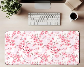Alfombrilla de escritorio con diseño de flor de cerezo, alfombrilla para ratón, alfombrilla para juegos, fondo blanco, estampado de flores de Sakura rosa, decoración de oficina, accesorio floral primaveral para el espacio de trabajo.