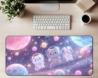 Kawaii Space Desk Mat Mouse Pad Gaming Mat Cute Cat Bunny Astronauts Galaxy Planets Cosmic Pastel Aesthetic Office Decor Gift