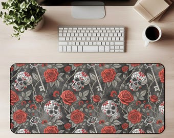 Gothic Skull Floral Desktop Mat Skull Rose Mouse Pad Gaming Mat Dark Floral Office Desk Decor Edgy Workspace Mat Alternative Desk Pad