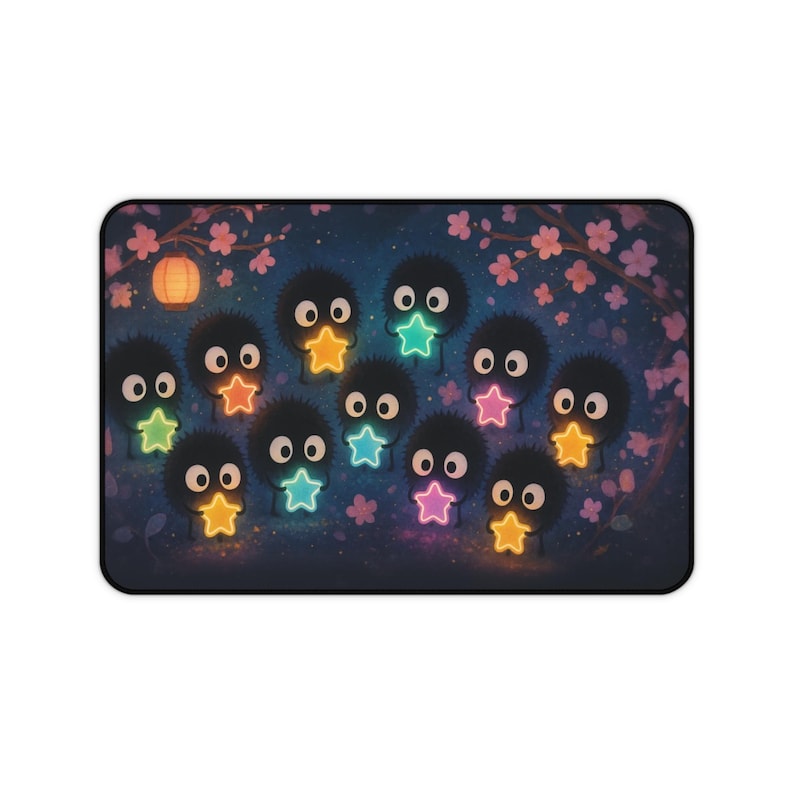 Soot Sprites Desk Mat featuring Susuwatari soot creatures holding glowing neon stars against a dreamy night sky with cherry blossoms Perfect Japan decor for anime fans and a thoughtful gift for Japanese anime lover Large gaming mousepad design is inspired by Spirited Away Ghibli and Miyazaki fan art Smooth surface ensures accurate mouse control while durable non slip backing keeps it in place Magical desk mat for gaming setups or offices