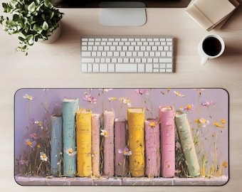 Pastel Bookshelf Desk Mat Books Mouse Pad Floral Stack of Books Mouse Pad Wildflowers Gift for Booktoker Librarycore Pad cozy Reading Nook