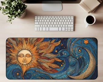 Celestial Sun Moon Desk Mat Mouse Pad Gaming Mat Cosmic Starry Night Ocean Waves Boho Astrology Art Home Office Decor Mystic Gift Desktok