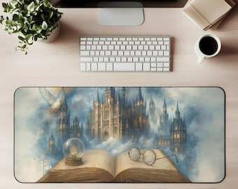 Wizard Desk Mat Wizard Mouse Pad Magical Open Book with Castle Glasses and Owl Wizard Lover Gift For Wizard Lover Trendy Keyboard Mat Gaming