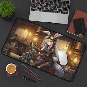Steampunk Anime Bunny Gaming Mat Anime Girl Desk mat Anime Lover Gift For Anime Lover Tech Accessory Neoprene Mouse Pad Steampunk Lover Gift