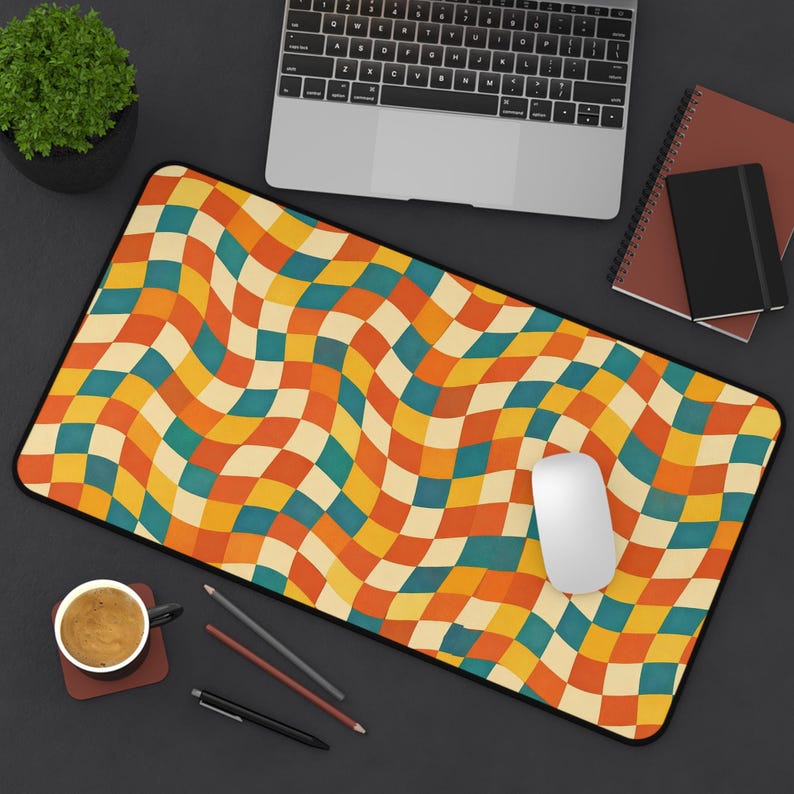 Retro Wavy Checkerboard Desk Mat | Colorful Mid Century Modern Office ...