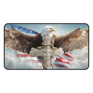 Patriotic Eagle Desk Mat American Flag Cross Mouse Pad Large Gaming Mat Bald Eagle USA Office Desk Accessory Faith Based Gift for Dad