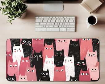 Tappetino da scrivania con motivo a gatto, tappetino per mouse da gioco, rosa, nero e bianco, motivo kawaii, divertente decorazione per ufficio, regalo per gli amanti dei gatti, accessorio per scrivania e PC.
