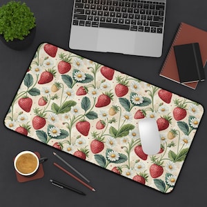 Strawberry daisy desk mat vintage fruit and floral pattern mouse pad cottagecore kitchen decor gift for her retro workspace accessory