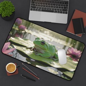 Frog On Lily Pad Gaming Desk Mat Green Frog Lily Pad Design XL Gaming Mat Frog Lover Gift For Frog Lover Desk Top Accessory Home Office