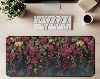 Dark Botanical Floral Desk Mat Mouse Pad Gaming Mat Burgundy Plum Gold Hanging Flowers Vintage Garden Office Decor Computer Accessory