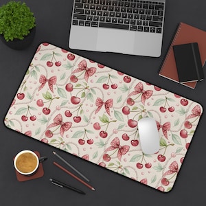 Cherry bow desk mat vintage fruit pattern mouse pad cottagecore kitchen desk decor kawaii workspace accessory gift for her retro aesthetic