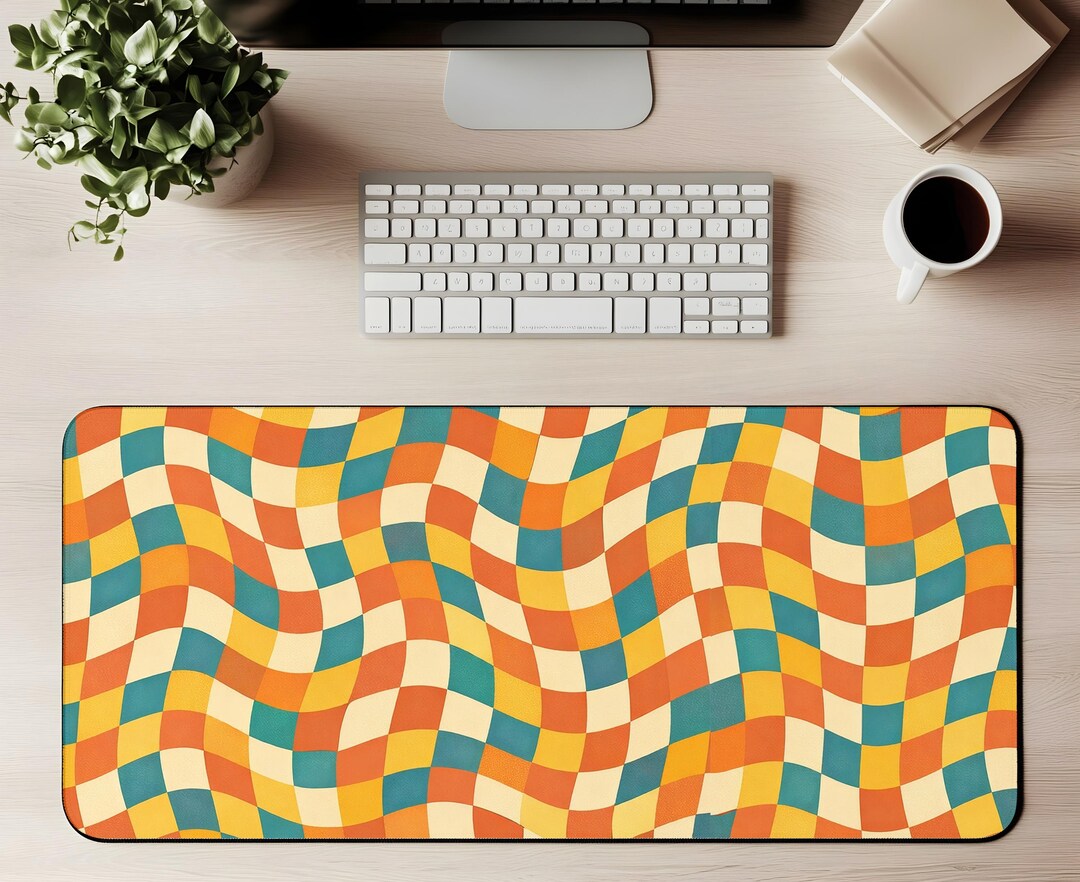 Retro Wavy Checkerboard Desk Mat | Colorful Mid Century Modern Office ...
