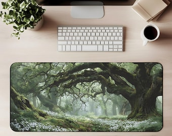 Serene Forest Desk Mat Scenic Enchanted Forest Mouse Pad Mystical Woodland Landscape Nature Fantasy Gaming Mat Green Moss Trees Aesthetic