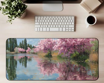 Cherry Blossom Lake Desk Mat Pink Sakura Mouse Pad Nature Lover Extended Desk Pad Pastel Garden Office Décor Gift Desktok