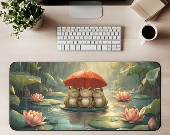 Frog Desk Mat Mouse Pad Frog on Lily Pad Gaming Mat Cute Frogs Under Umbrella Lilypad Pond  Aesthetic Cozy Pastel Nature Desk Decor Gift