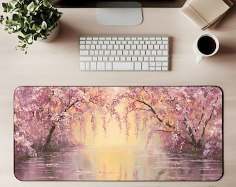 Cherry Blossom Desk Mat Cherry Blossom Mouse Pad Sakura Sunrise Art Pink Blossom Trees Soft Pastel Garden Scene Serene Nature Desk Mat