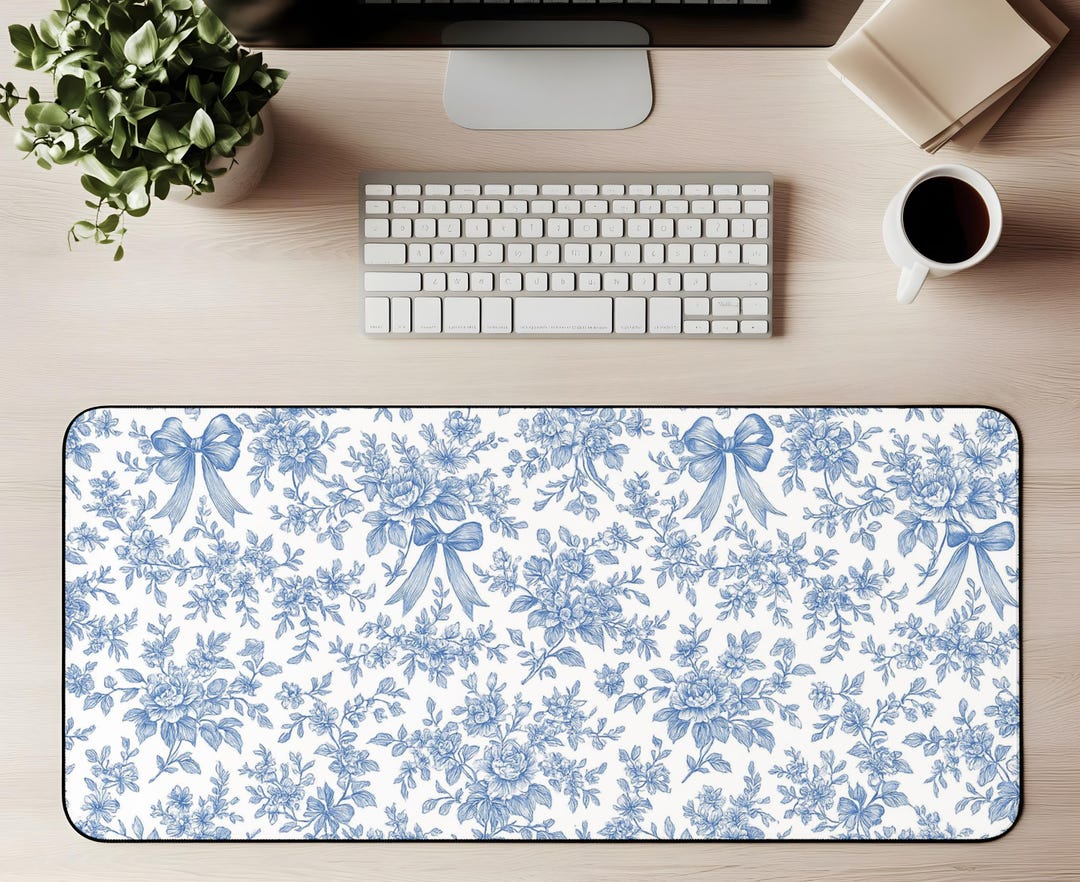 Floral Computer Mat Floral Desk Mat Blue Toile Gaming Mat Flower Mouse Pad Floral Keyboard ...