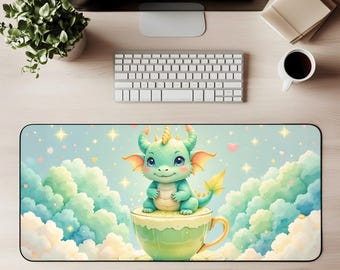 Kawaii Baby Dragon Desk Mat Cute Fantasy Chibi Dragon Clouds Stars Large Gaming Mouse Pad Magical Pastel Decor Gift for Her