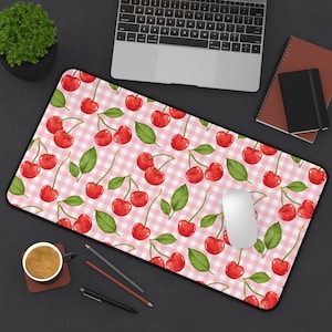 Cherry desk mat cherry mouse pad retro fruit gaming mat kawaii cherry print workspace decor cute gift for her pastel aesthetic accessory pc