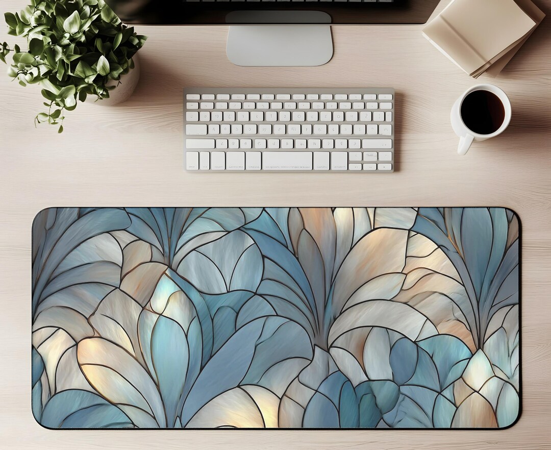 Stained Mat Stained Glass Leaves Desk Mat Art Deco Mouse Pad Blue Botanical Glass ...