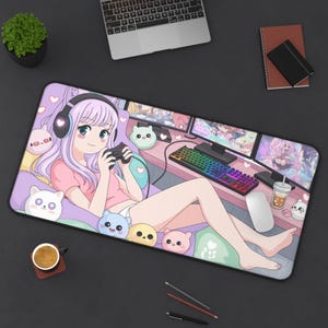 Kawaii Gamer Girl Desk Mat Pastel Anime Gaming Mouse Pad XL Cute Otaku Aesthetic Mouse Pad Large Aesthetic Desk Decor Cyber Gamer Girl
