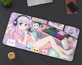 Anime Gamer Girl Desk Mat Pastel Kawaii Gaming Mouse Pad XL Cute Otaku Aesthetic Mouse Pad Large Aesthetic Desk Decor Cyber Gamer Girl