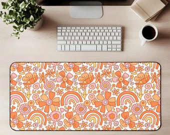Retro Floral Rainbow Desk Mat Mouse Pad Gaming Mat Groovy Orange Flower Power 70s Style Aesthetic Office Decor Desktok