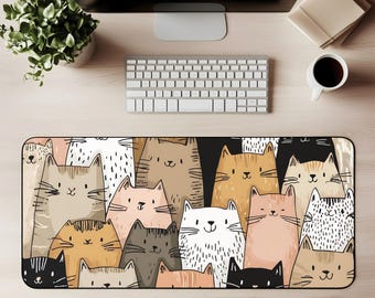 Cute Cat Desk Mat Cat Mouse Pad Neutral Cat Gaming Mat Cozy Boho Kitty Office Desk Decor Earth Tone Workspace Cute Modern Large Computer Pad