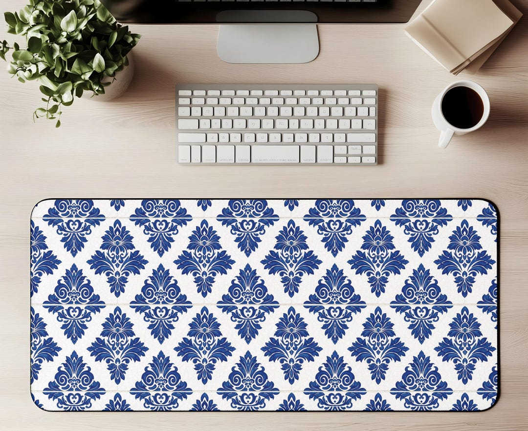 Blue Damask Pattern Desk Mat | Vintage Floral Mouse Pad - Etsy