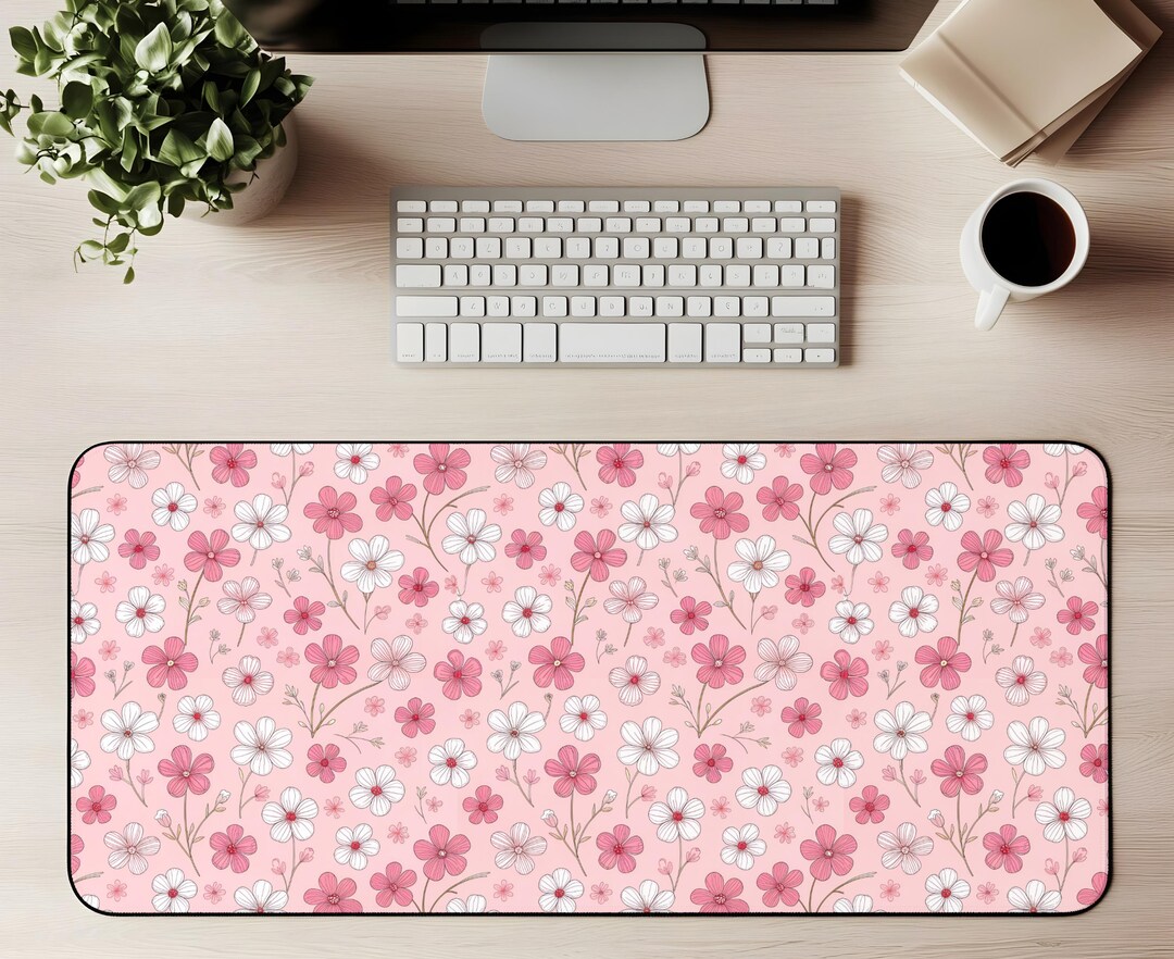 Pink Floral Desk Mat Mouse Pad Gaming Mat Cute Flower Pattern Aesthetic ...