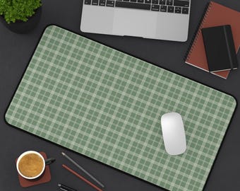 Sage Green Plaid Desk Mat, Minimalist Check Pattern Mouse Pad, Cottagecore Workspace Decor